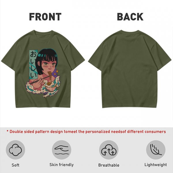 Olive anime graphic t-shirt with girl eating ramen and Japanese text
