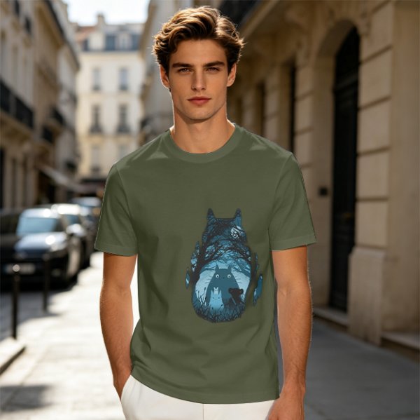 Olive T-shirt with Totoro Forest Silhouette Graphic Print