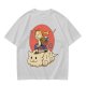 Olive T-shirt with a cat warrior riding a flying cloud graphic