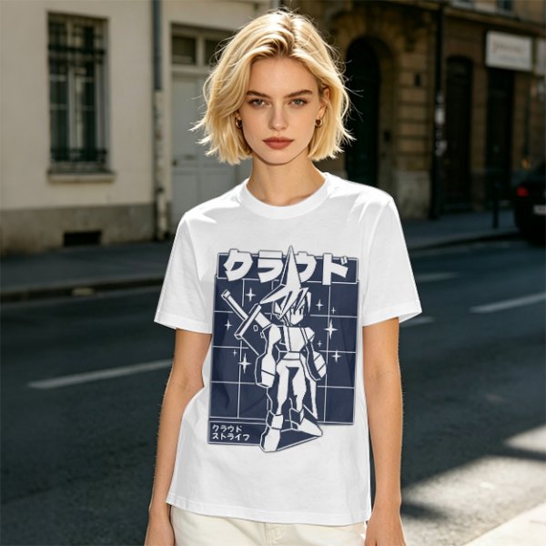 Olive t-shirt with stylized anime warrior graphic and Japanese text