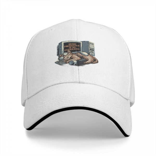 Black Baseball Cap With 'Being Productive Is So Overrated' Cat Computer Art