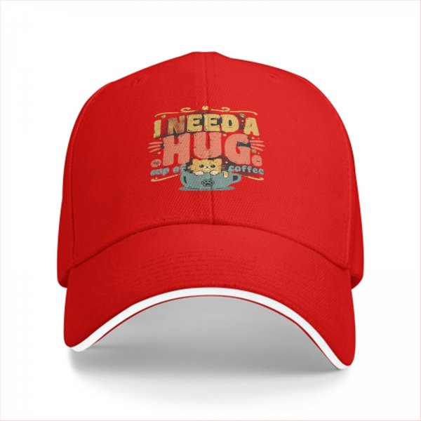 Black baseball cap with 'I need a huge cup of coffee' and cat graphic