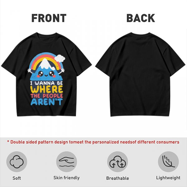 Olive graphic tee with cute mountain rainbow and 'I Wanna Be Where The People Aren't' text
