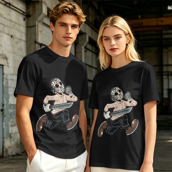 Olive T-Shirt with Cartoon Jason Voorhees Graphic Print
