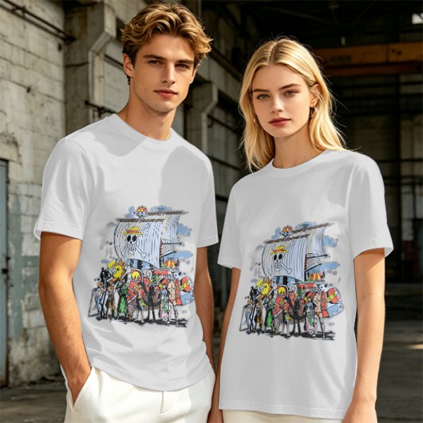 Olive T-Shirt with One Piece Straw Hat Pirates Crew and Ship Print