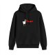 Black hoodie with a goose graphic and red text design