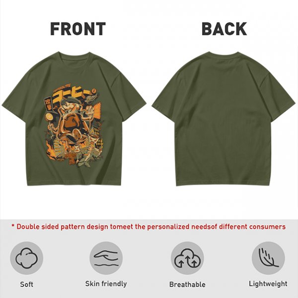 Olive Green T-Shirt with Retro Coffee Monster Graphic Print