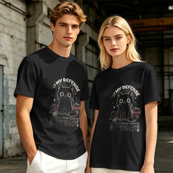 Olive t-shirt with black cat 'In My Defense I Was Under Catnip' print