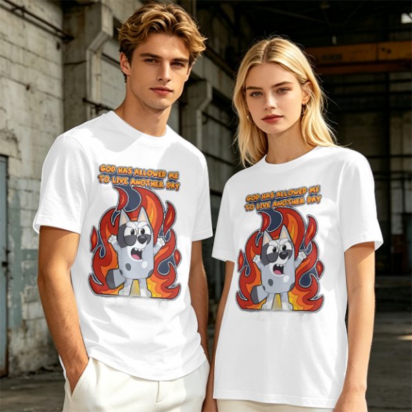 Olive t-shirt with cartoon dog and 'God has allowed me to live another day' print