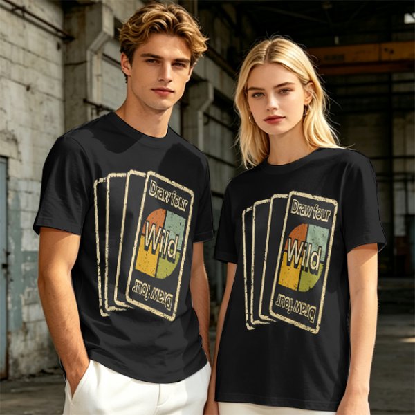 Olive T-Shirt with Retro Uno Wild Draw Four Card Graphic