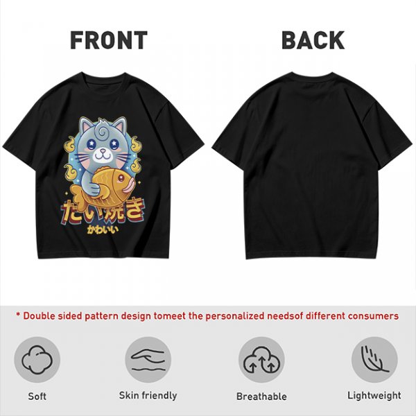 Olive green t-shirt with cute gray cat holding taiyaki graphic