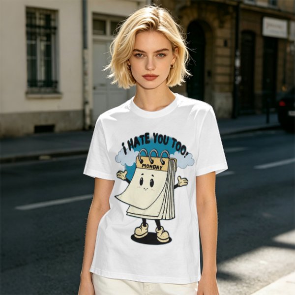 Olive t-shirt with cartoon Monday calendar graphic and 'I HATE YOU TOO' text