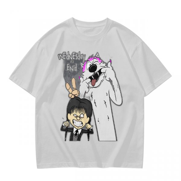Olive graphic tee with Wednesday and Enid cartoon wolf design