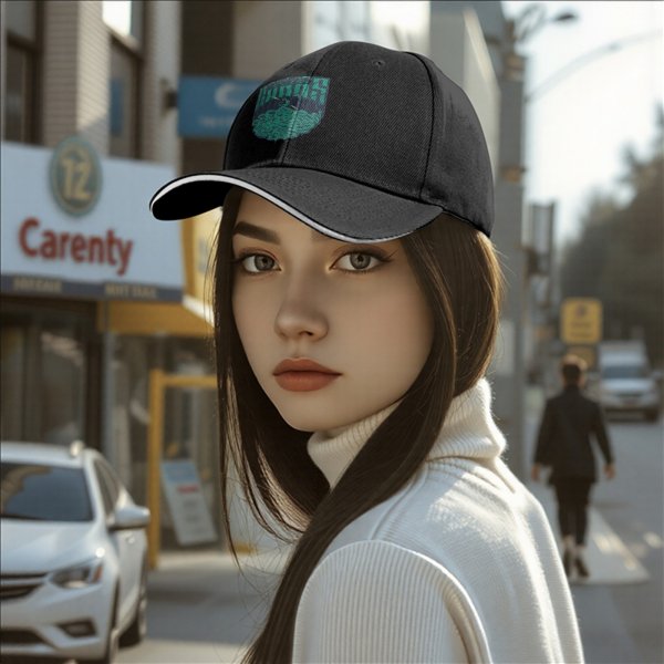Black baseball cap with teal snake and text graphic