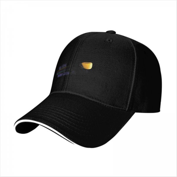 Black baseball cap with coffee themed graphic and text