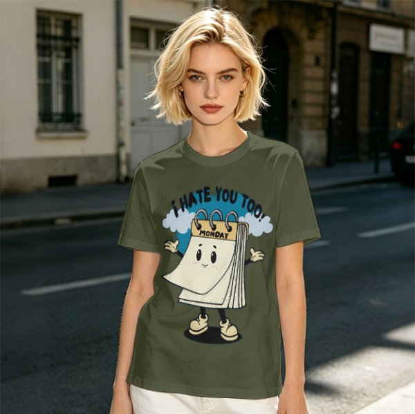 Olive t-shirt with cartoon Monday calendar graphic and 'I HATE YOU TOO' text