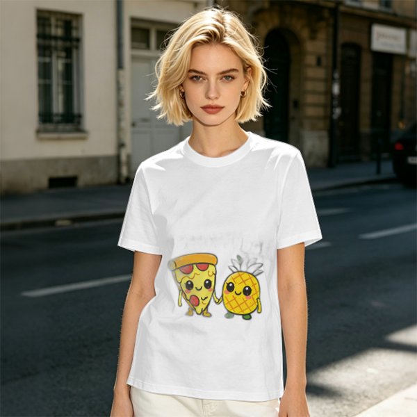 Olive T-Shirt with Cute Pizza and Pineapple Holding Hands Print