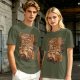 Olive T-Shirt with Coffee Vending Machine and Cats Graphic