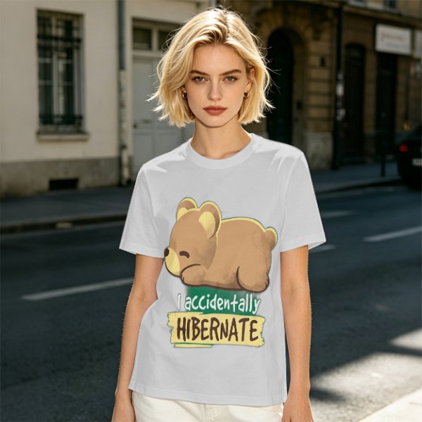 Olive t-shirt with sleeping bear and 'I accidentally hibernate' text