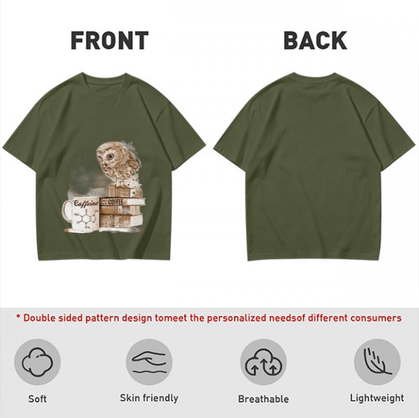 Owl on coffee books and caffeine mug graphic t-shirt