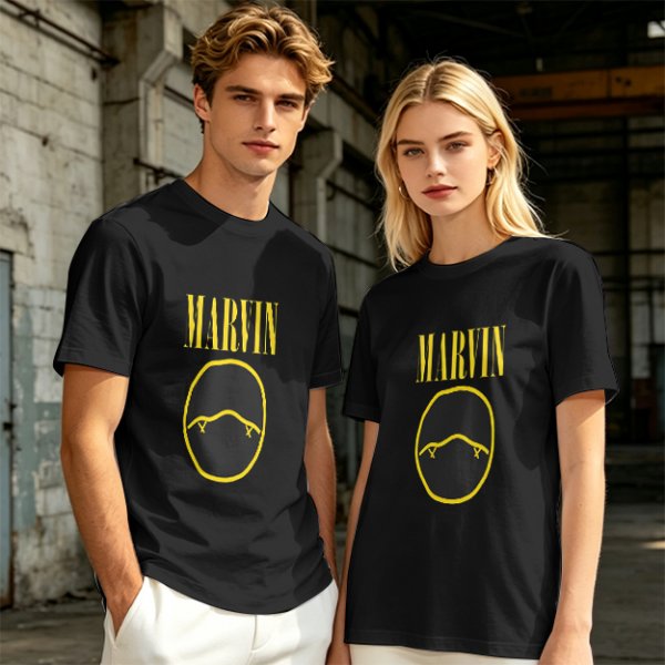Olive T-Shirt with Marvin Text and Simple Face Graphic