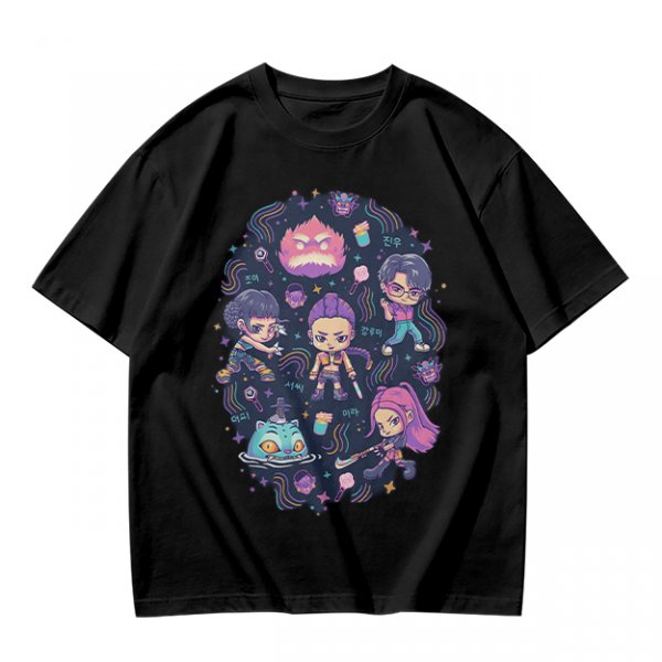 Olive T-shirt with Chibi Fantasy Characters and Whimsical Art Print