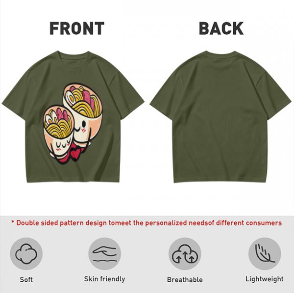 Olive T-Shirt With Cute Hugging Ramen Bowl Couple Print