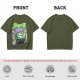 Olive T-shirt with spooky juice box graphic and playful skull art