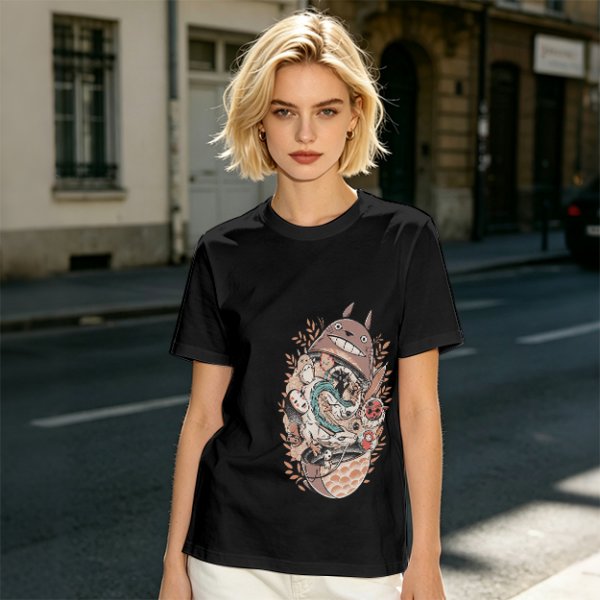 Olive Green T-Shirt with Studio Ghibli Character Collage Print