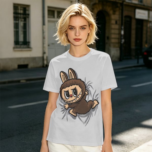 Olive Green T-Shirt With Playful Monster Bunny Graphic Print