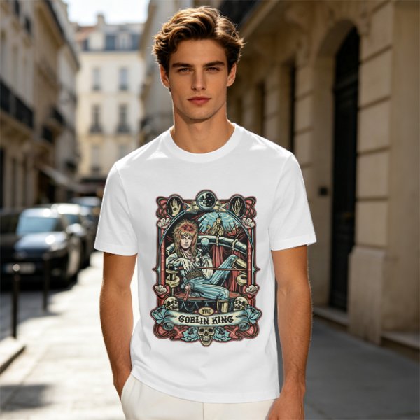 Olive green t-shirt featuring The Goblin King tarot-style artwork