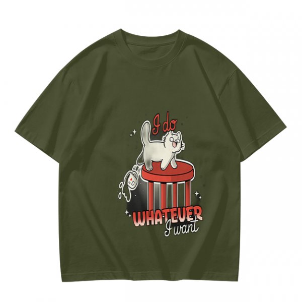 Olive graphic tee with a white cat on a stool and the text I do whatever I want