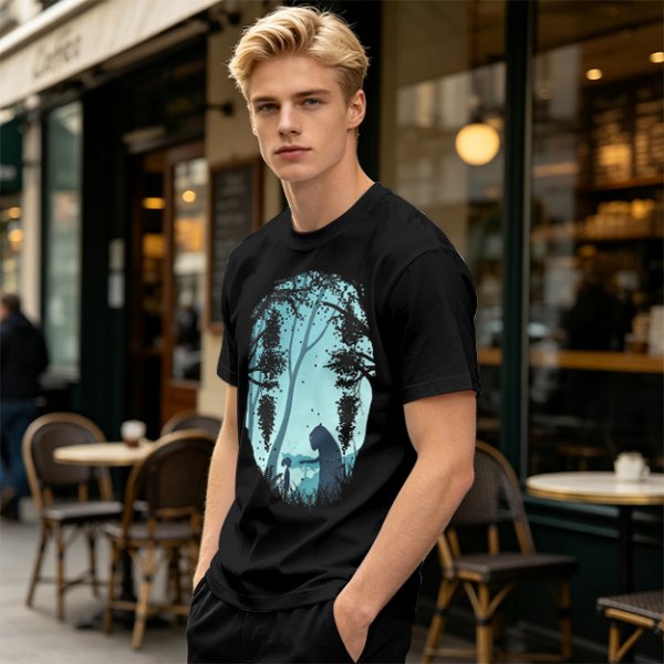 Olive T-Shirt With Silhouetted Forest Scene And Two Figures