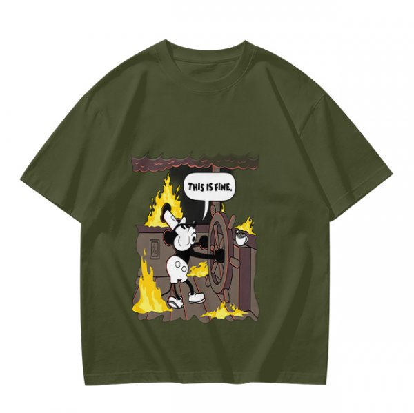 Olive T-Shirt With Steamboat Willie This Is Fine Burning Ship Art