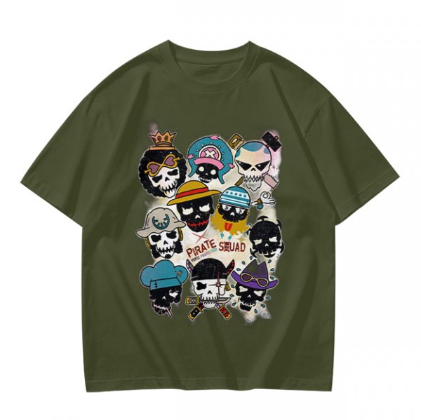 Olive T-Shirt With Pirate Squad Skull Character Print