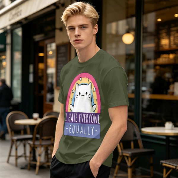 Olive graphic t-shirt with a white cat and 'I hate everyone equally' print