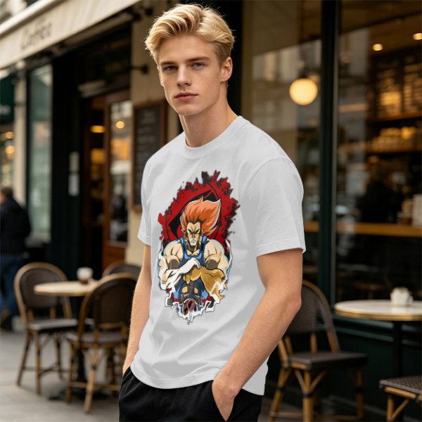 Olive T-Shirt with Retro Anime Lion Character Graphic