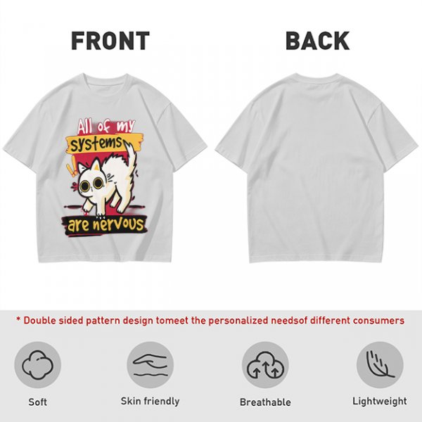 Olive graphic t-shirt with nervous white cat and 'All of my systems are nervous' text