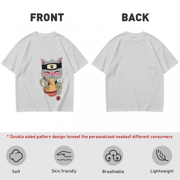 Olive green t-shirt with a ninja cat eating ramen graphic