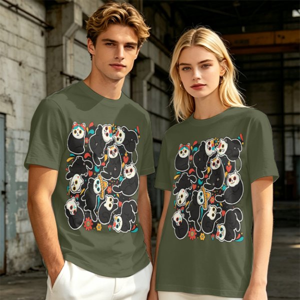 Olive T-Shirt With Day Of The Dead Cat Skull Graphic Print