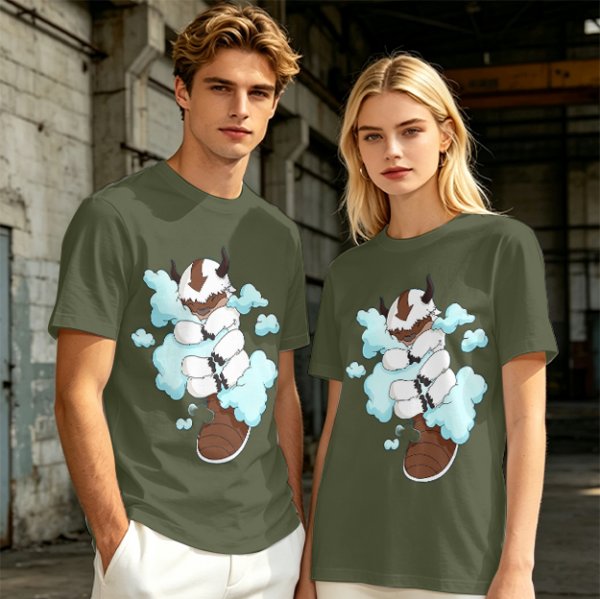 Olive Green T-Shirt With Sleeping Sky Bison On Clouds Print