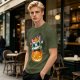 Olive t-shirt with sugar skull cat on jack-o'-lantern