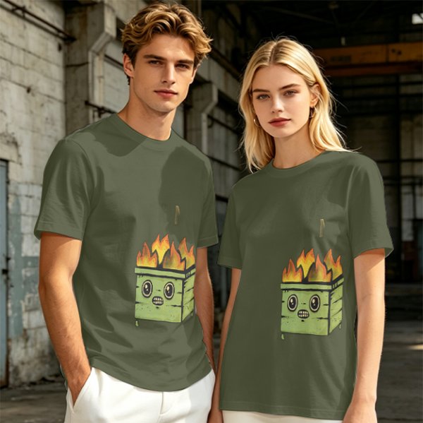 Olive Green T-Shirt With Cartoon Burning Dumpster Graphic