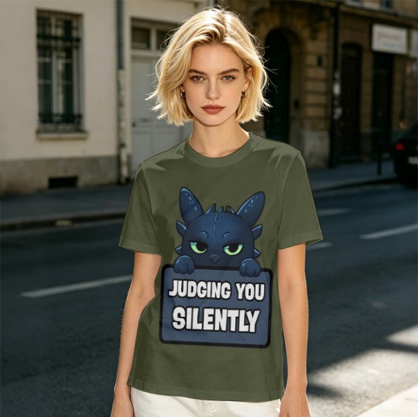 Olive t-shirt featuring Toothless the dragon judging you silently