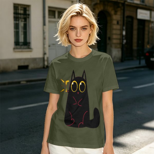 Olive Green T-Shirt With Surprised Black Cat Graphic Print