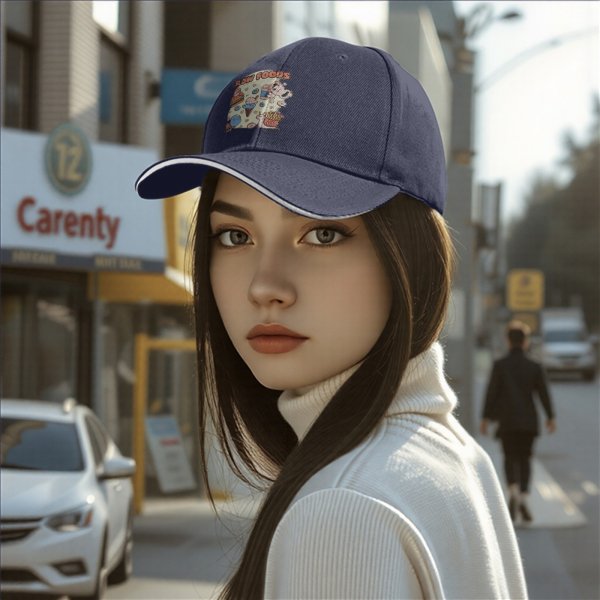 Black baseball cap with cute slow foods themed cartoon print