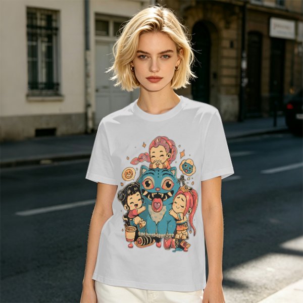Olive T-Shirt With Cute Chibi Monster And Girls Graphic Print