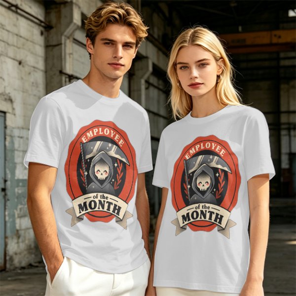 Olive T-Shirt with Cute Grim Reaper Employee of the Month Print