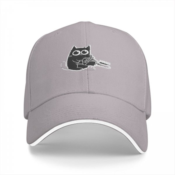 Black Baseball Cap With Cute Cat Holding Chainsaw Purr Print