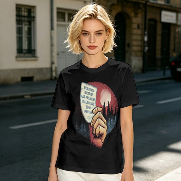 Olive T-Shirt With Hand Holding Bill Of Monthly Expenses Art